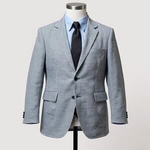 RNG Ring Trend Sport Coat Jacket Mens 44 L Blue Plaid Virgin Wool Portugal MINT
